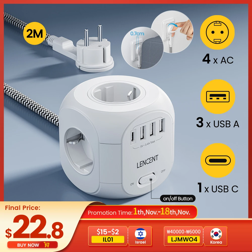 LENCENT Upgraded Power Strip Cube with  4 AC Outlets 3 USB Port 1 Type C 2M Braided Cable Multi Socket with Switch for Home