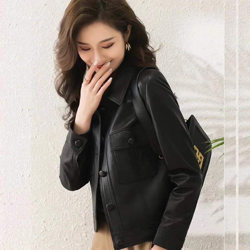 Lapel PU Leather Jacket Women 2024Spring Autumn New Coat Fashion Locomotive Goddess Overcoat High Quality Short Outerwear Female