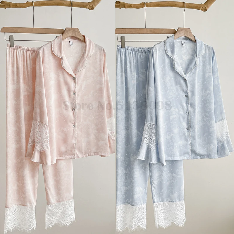 Lace Patchwork Pajamas Silk Satin Long Sleeved Shirts Home Clothes Casual Printed Sleepwear Women Intimate Lingerie Loungewear