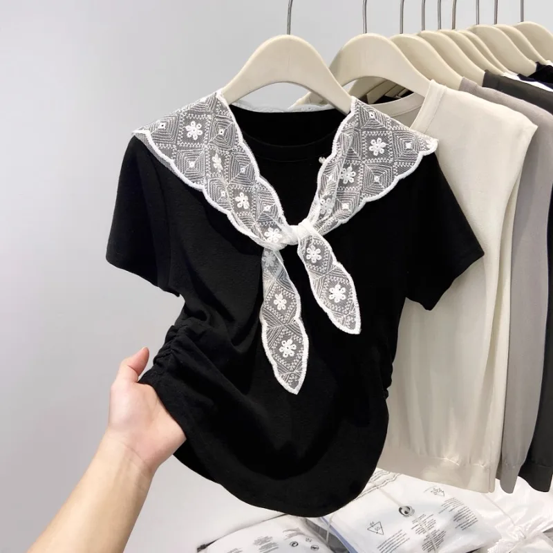 

2025 Summer Fashion Temperament Lace Cape Round Neck Slim Fit Short Sleeve T Shirt Women Wrinkle Design Waist Short Top
