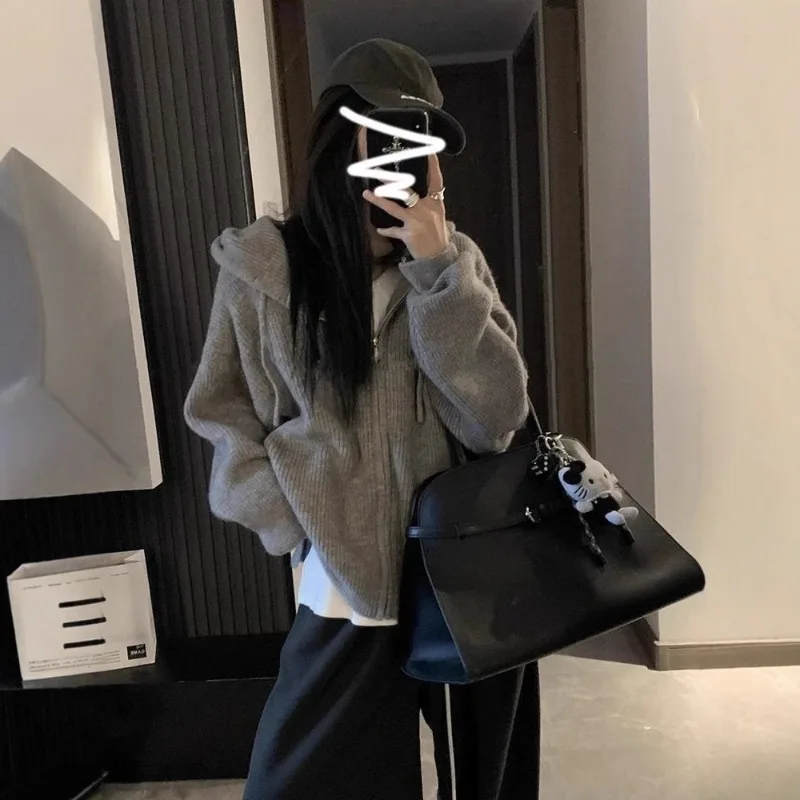 

Korean Zipper Hoodie Sweatshirts Knitted Sweater Women's Autumn Winter New Knit Cardigan Sweatirt Y2k Solid Color Zip Up Hoodie