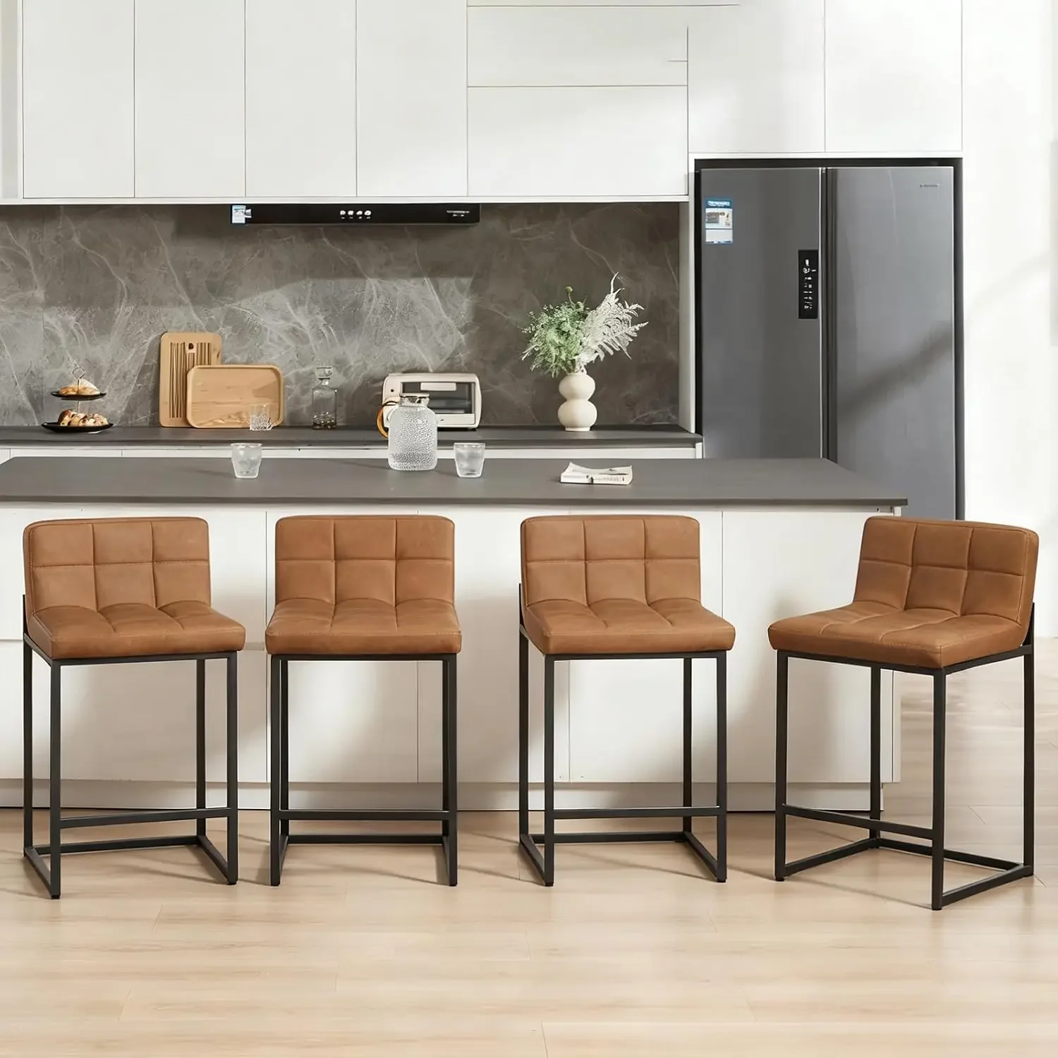 24 Inch Counter Height Bar Stools Set of 4, Modern Kitchen Barstools with Low Back and Black Sturdy Metal Legs, Faux Leather Uph