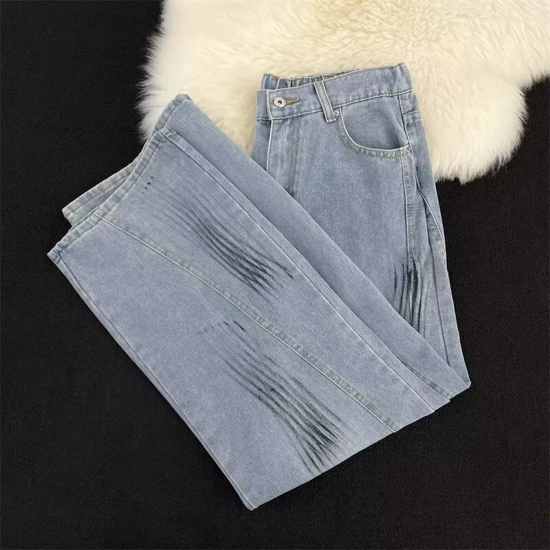 Men Retro Washed Slash Ripped Jeans Summer Straight Wide Leg Splash Ink Scratch Banana Denim Long Trousers
