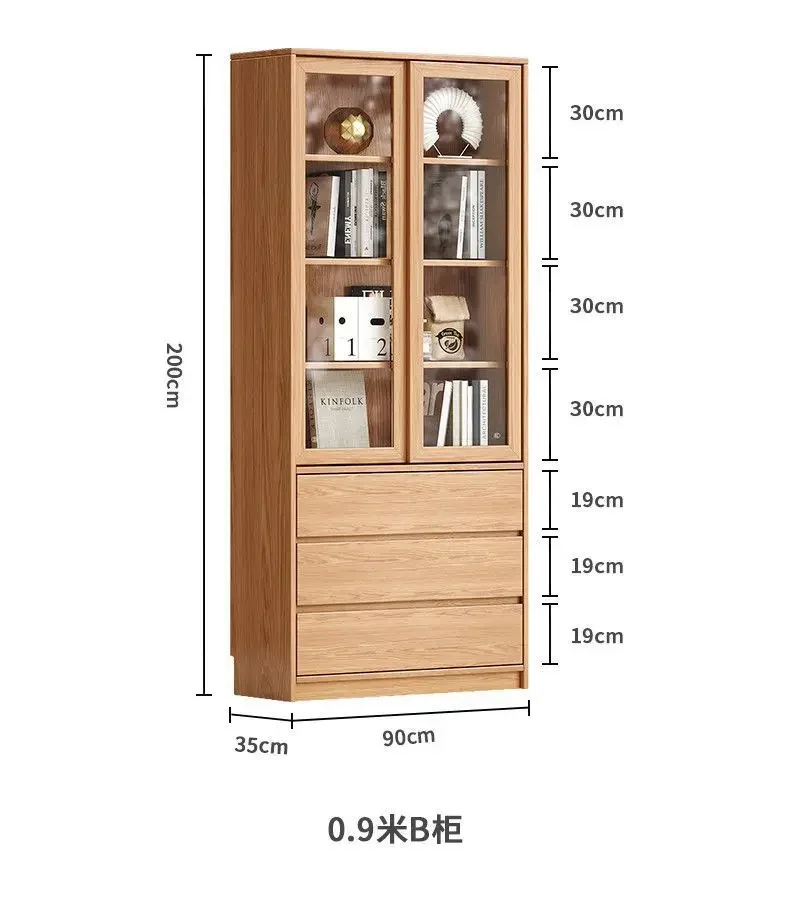 For Solid Wood Oak Bookcase Sliding Door Glass Shelf Simple Modern Home Bedroom Study Storage Furniture Atmosphere Decor