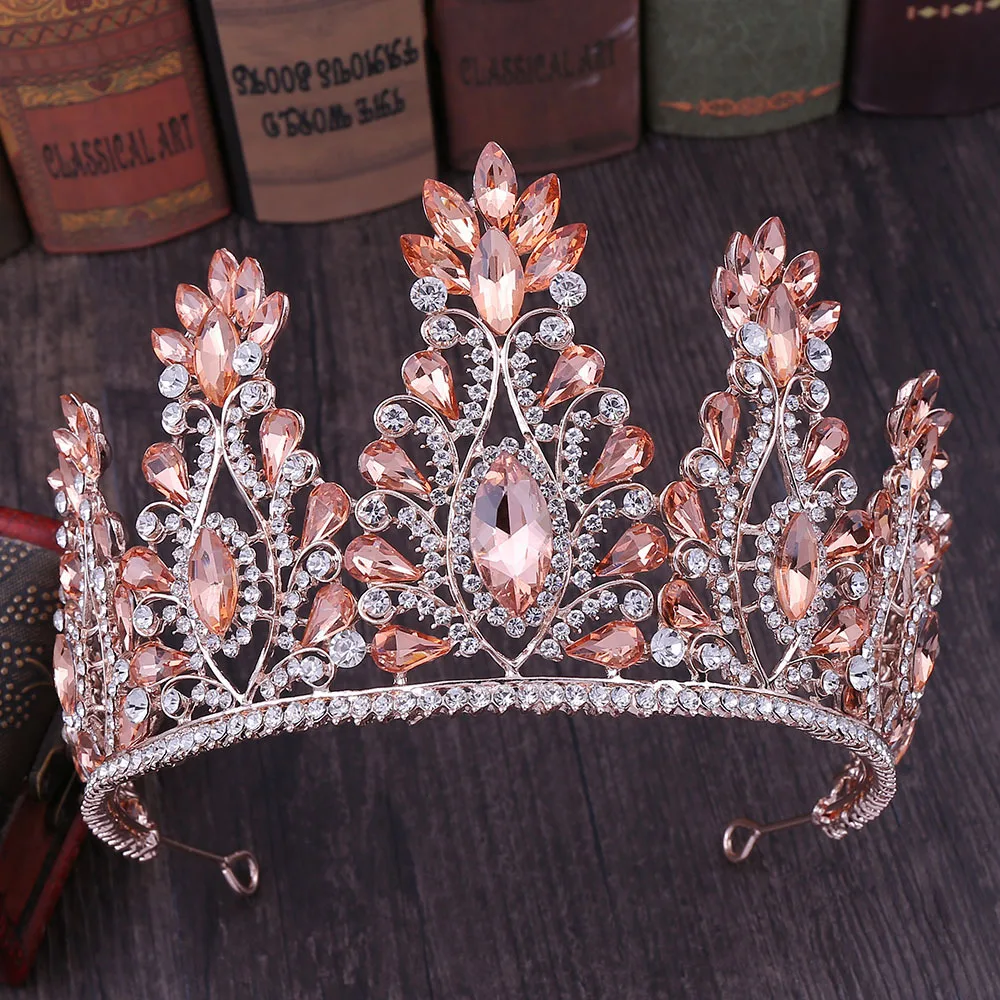 

Baroque Rose Gold Color Crystal Bridal Tiaras Crown Big Rhinestone Diadem Veil Tiara Bride Headbands Wedding Hair Accessories
