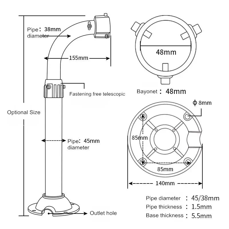 High Speed Dome Camera Bracket Lengthen Thickened Pipe L-Type Surveillance Camera Wall Mount Telescopic Support 75-150CM 1M-2M