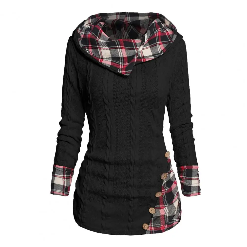 

Winter Mid-length Hoodie Chic Mid-length Hoodie Vintage Patchwork Plaid Twist Knit Sweater with Buttons Long Sleeve for Women