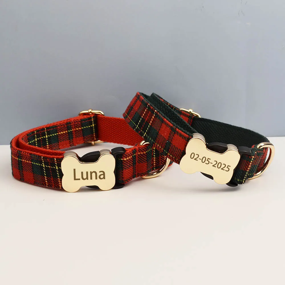 Individuelles Design-Logo, kariertes Hundehalsband, hochwertiges Baumwoll-Haustierzubehör, personalisierbar. Führen Sie Ihren Hund im Stil auf – Detail 6