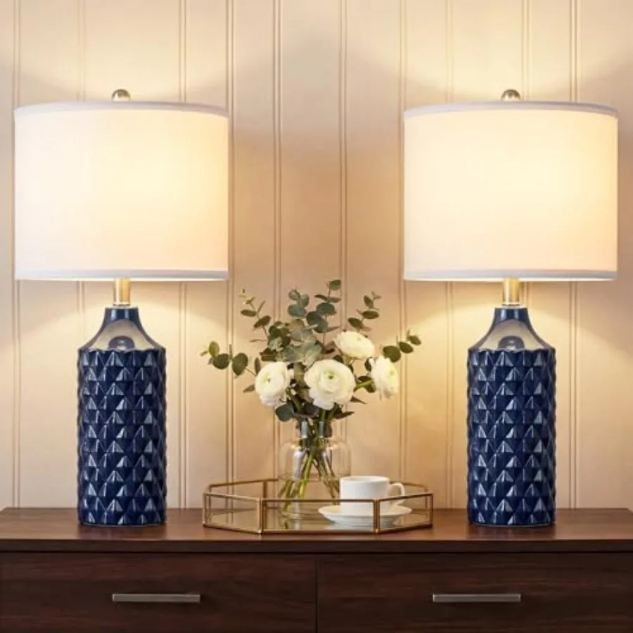 

Modern Ceramic Table Lamp, Set of 2 - with Diamond Protrusions Texture, '' Nightstand Lamp for Bedroom Livg Room, 3-Way Dimmabl