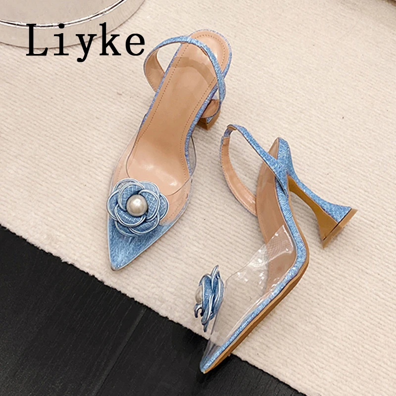 

Liyke синие джинсовые женские туфли-лодочки с цветочным жемчугом, пикантные сандалии на высоком каблуке с острым носком, женские туфли для выпускного вечера, Zapatos De Mujer