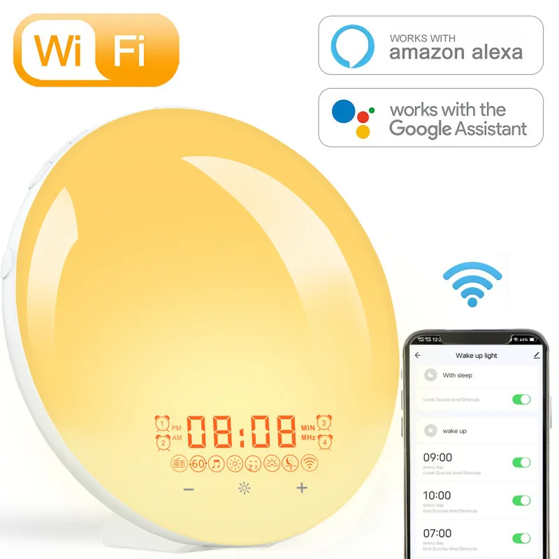 Reloj despertador inteligente con WiFi, luz de despertador con Control por aplicación RGB, simulación de luz nocturna, ayuda para dormir con