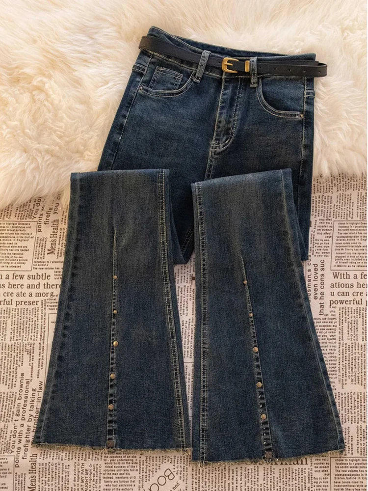 Women's High Waisted Jeans Korean Frayed Edges Slim Fit Slightly Flared Long Pants 2025 Spring Summer New Buckle Design Trouser