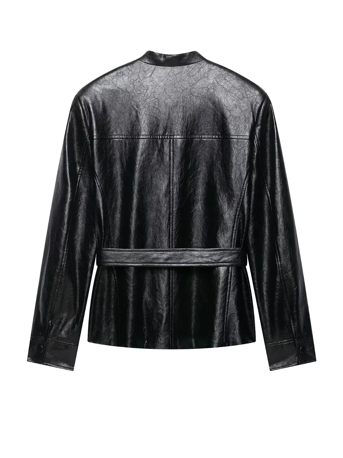 Loose Women's PU Leather Jacket Belted Waist Black Leather Effect Autumn Outerwear Long Sleeve Fashion Ladies Coat