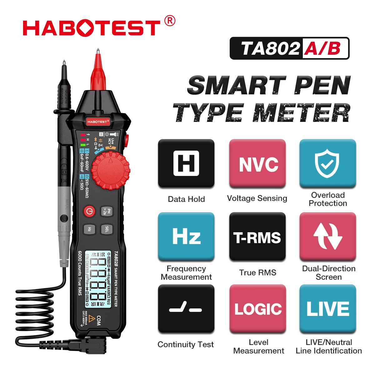 

HABOTEST TA802 Digital Pen Type Multimeter 6000 Counts Non Contact High Precision Voltage Detector Hz Ohm Capacitance Multimetro