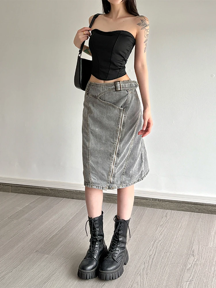 

Vintage Washed Denim Skirt Irregular Patchwork Zipper High Waist Straight Tube Mid Length Skirt Fashion Summer Skirt 2025 New