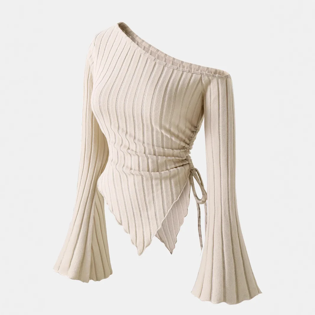 

Women's Trendy One-Shoulder Blouse Vertical Ribbed Knit Fabric Flared Sleeve Drawstring Waist Asymmetrical Hem Baddie Casual Top