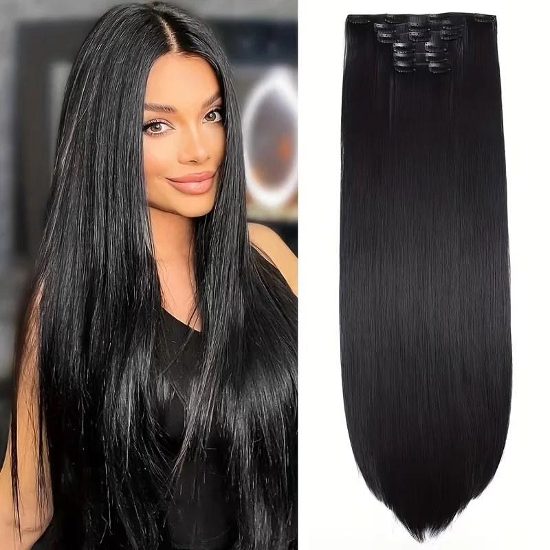 

Набор из 6 штук: Длинные прямые черные накладные пряди для женщин – синтетические накладные волосы на заколках для объема, 20 дюймов, бесшовные, 16 заколок