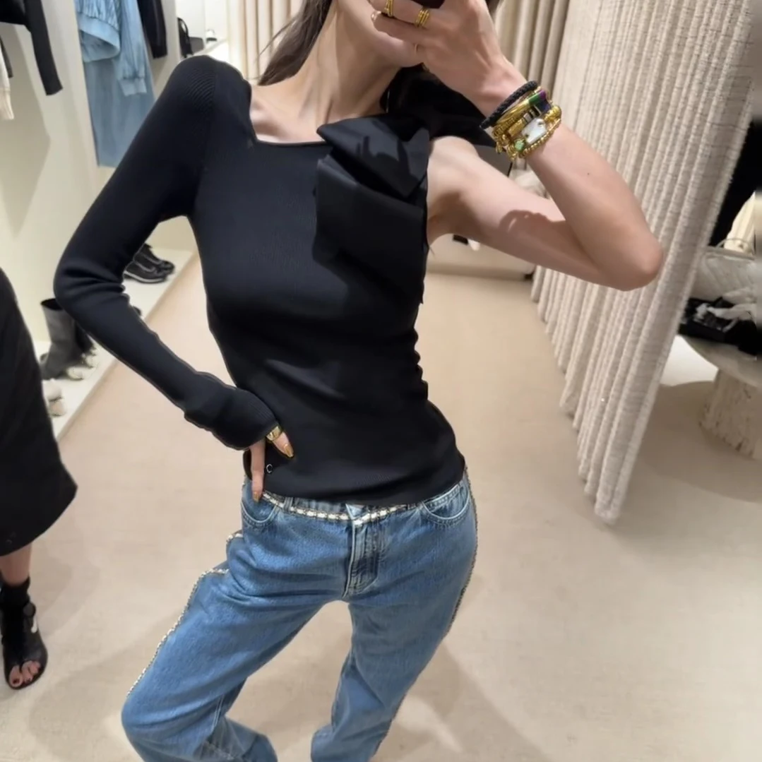 

Autumn and winter new versatile rhinestone button slim fit single sleeve bow knit sweater top