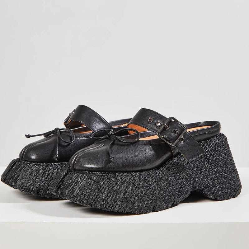 

Split Toe Shoes Women's Thick Soled Height Increasing Loafers Buckle Strap Ugly Cute Shoes Genuine Leather Retro Horseshoe Shoes