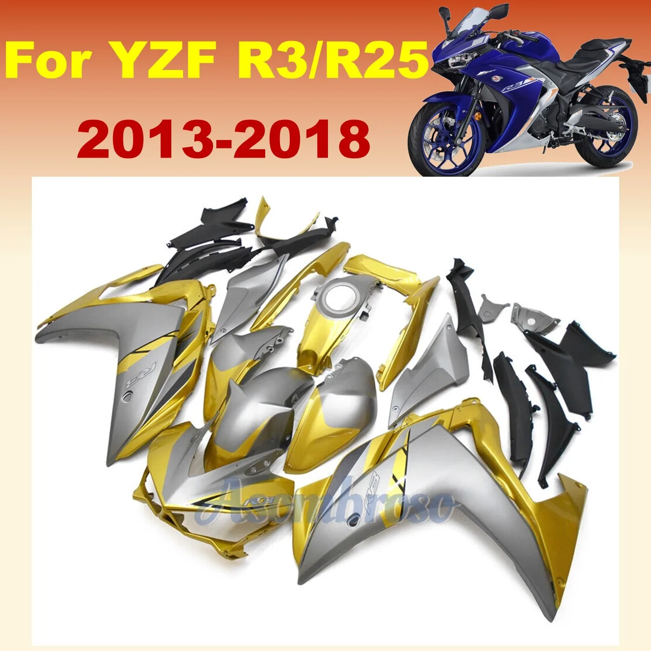 

ABS Injection Fairing Kit for Yamaha YZF R25 R3 2014 2015 2016 2017 2018 YZFR3 14-18 Silvery Gold Panels Cover