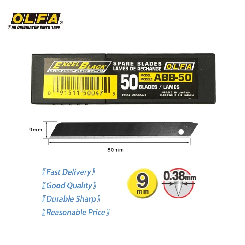 Japan OLFA ABB-50 Small Art Blade 9mm Black Alloy Steel Sharp Durable Stationery Blade Precision High Strength Cutting Paper Cutting Film Sticker