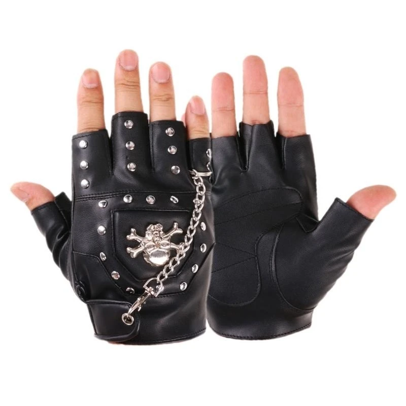 

5asd Men Steampunk Half Finger Gloves Metal Chain Rivets Biker Fingerless Mittens