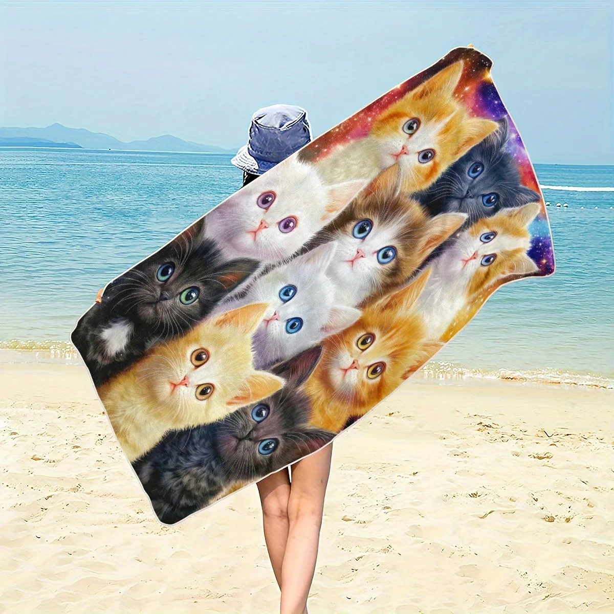 Cute Galaxy Kittens Beach Towel Patterned Sunscreen And Windproof Suitable For Swimming Pool Camping Travel Blanket