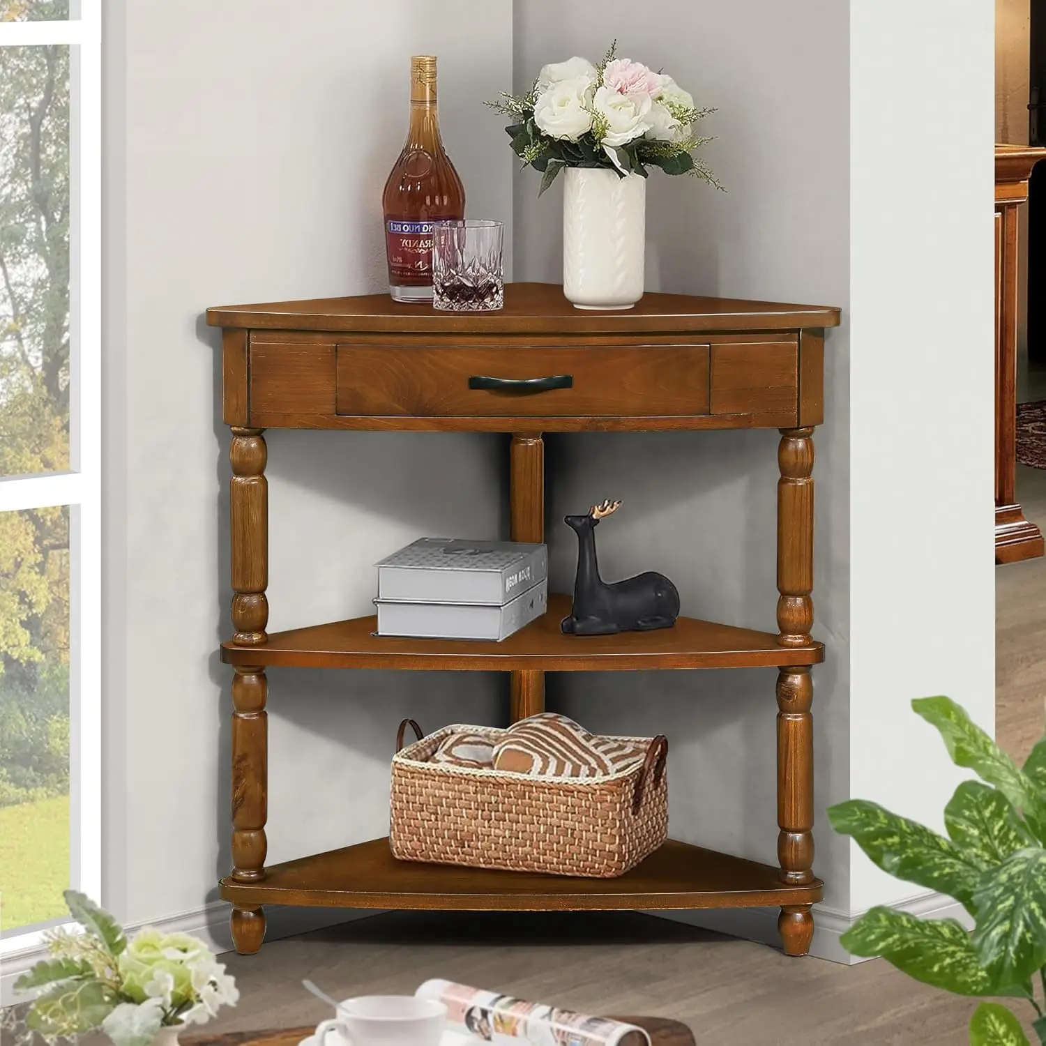 33.8'' Triangle Corner Table 3 Tier Open Shelf Solid Wood Legs Storage Drawer Bedroom Living Room Small Spaces, Customized