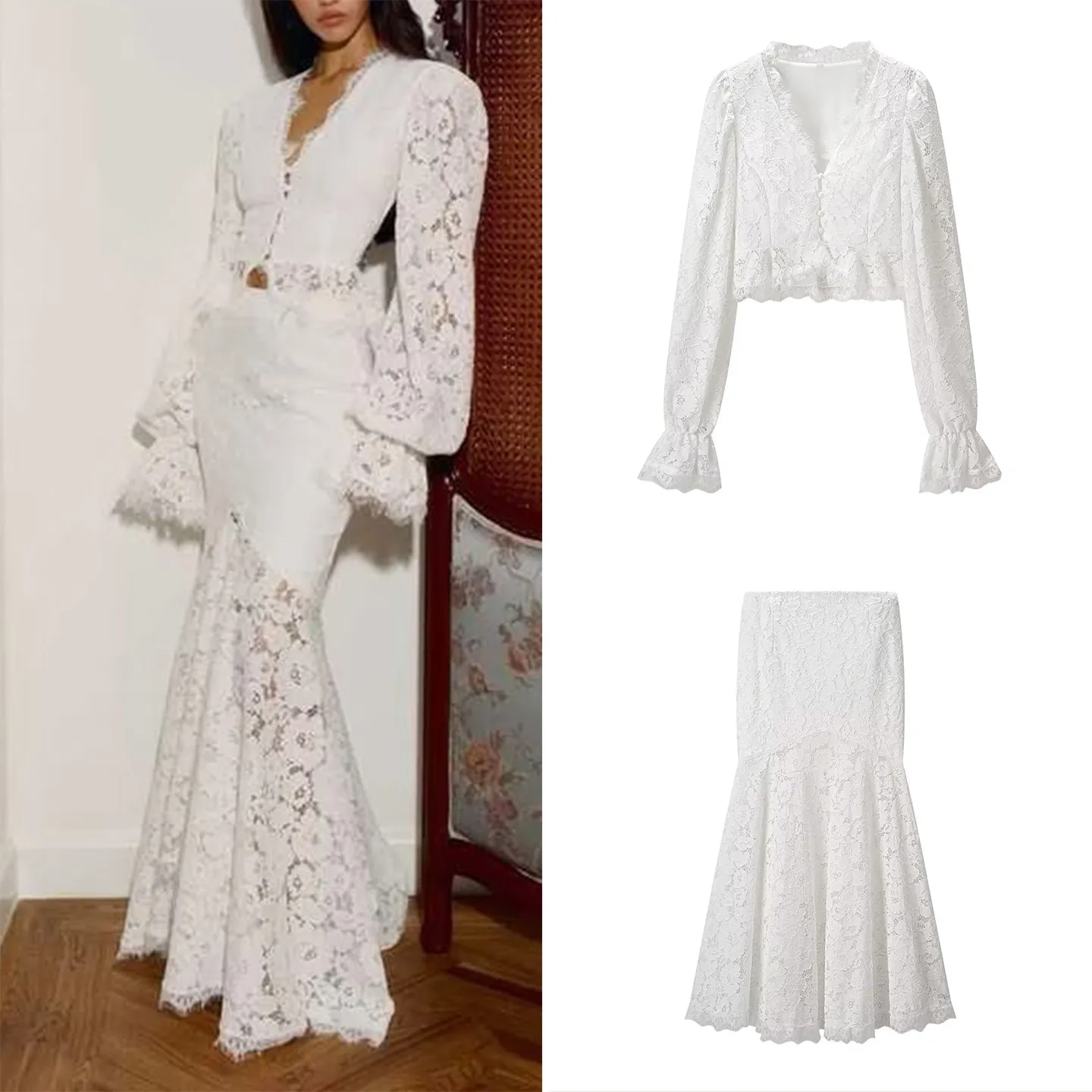 

Fashionable Lace Hollow out Splicing Half Skirt Set Spring 2026 Women's Long Sleeve Shirt And Skirt Ensemble Zadata Brand