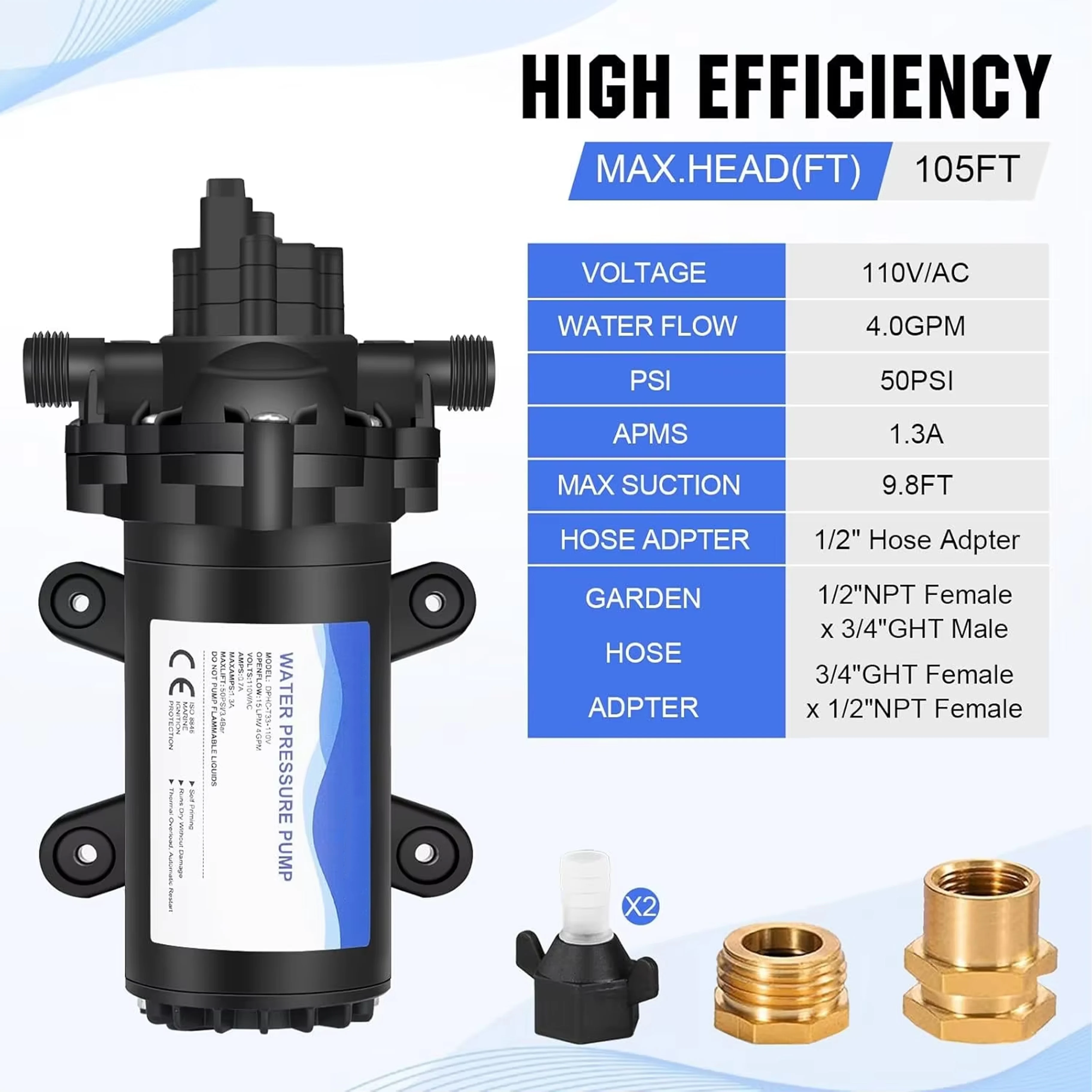 33-Series Industrial Water Pressure Pump 110V AC 4.0GPM 50PSI Metal RV/Marine/Boat Sprinkler Faucet Garden Hose