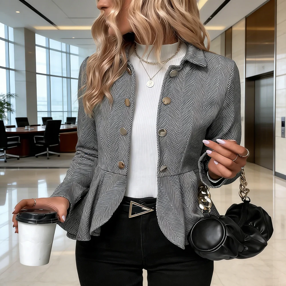 

Новинка осени-зимы 2026: Женский блейзер в стиле «ёлочка» с приталенным силуэтом, оборками, двубортный, деловой повседневный, с длинными рукавами