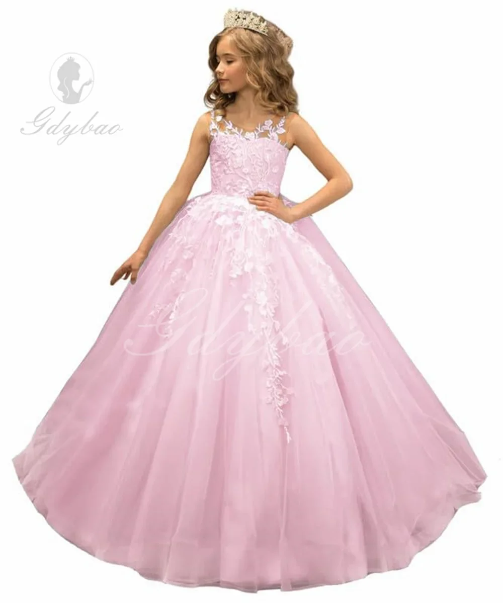 

Gdybao Girl's Pageant Dress Long Tulle Flower Girl Dresses Sleeveless Appliques Ball Gown for Wedding Party Dresses