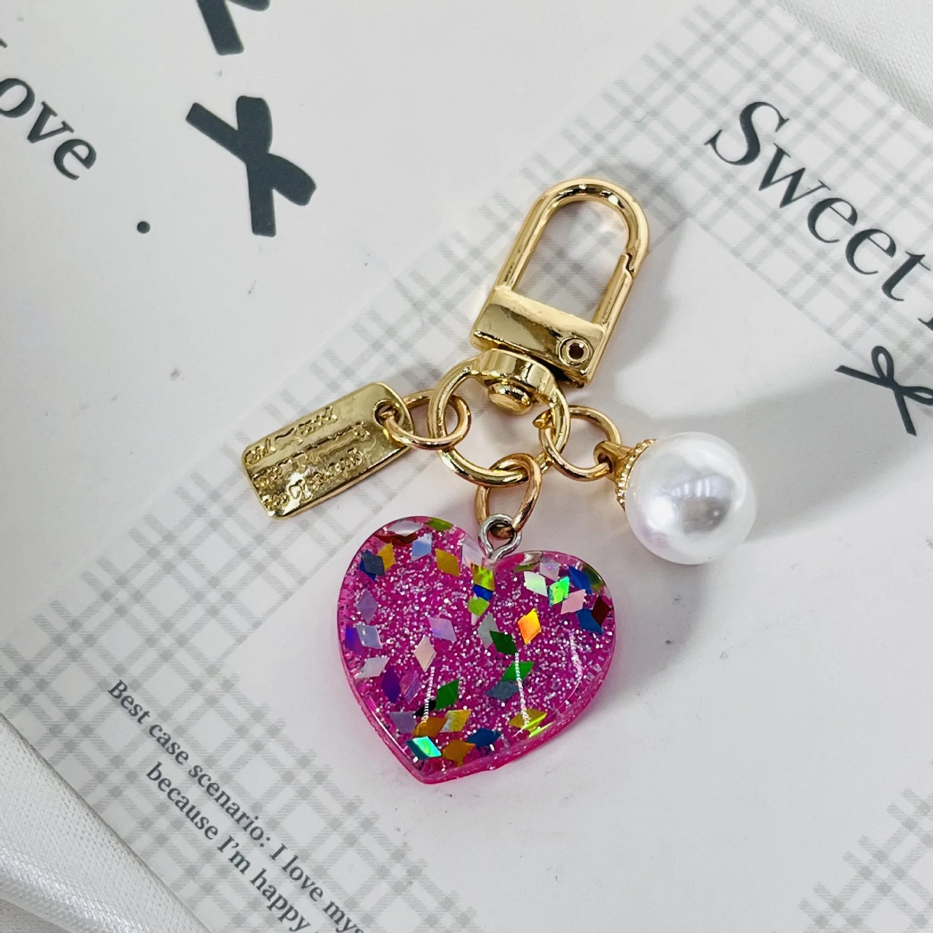 Fashion Bling Acrylic Heart Keychain Pearl Colorful Love Charm Keyring Jewelry Pendant Car Bag Key Chain Ring Decoration Gifts