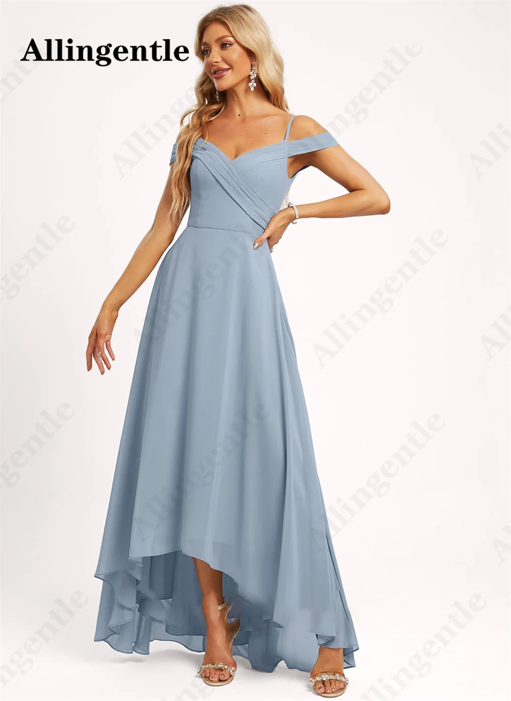 Allingave-Elegante vestido de dama de honra Chiffon, Spaghetti-cinta, A-Line, High-Low Comprimento, Wedding Party Gown