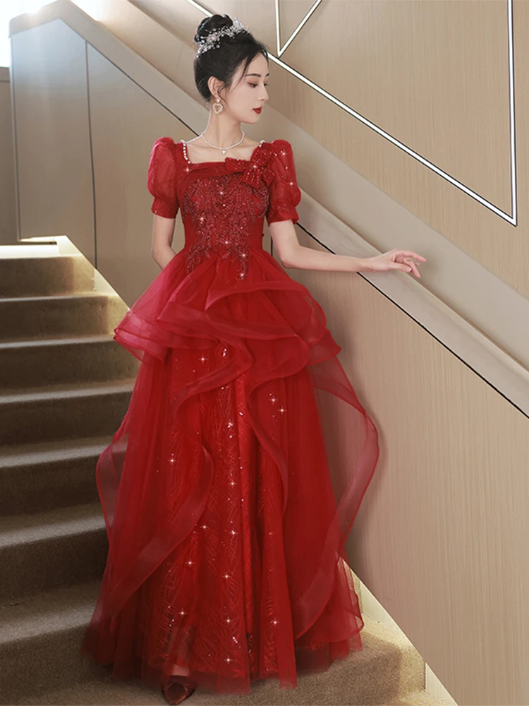 

Luxurious Burgundy Evening Dress Exquisite Applique A-Line Cake Dresses Square Collar Beaded Bow Puff Sleeve Engagement Gown