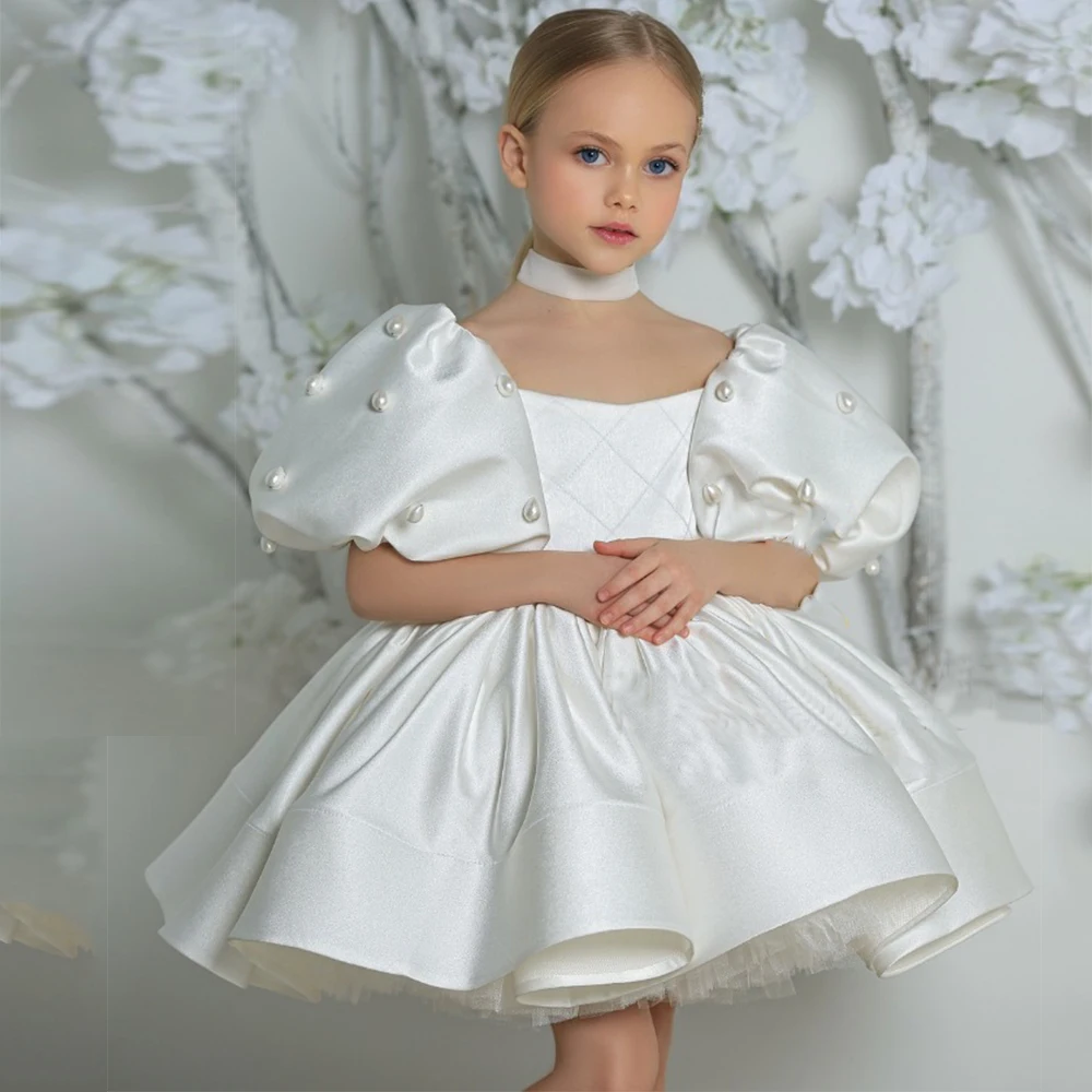 

COZOK Scoop Flower Girls Dresses with Satin Puffy Sleeve Wedding Party Dresses 2024 Summer New Zipper Back فلور فتاة اللباس