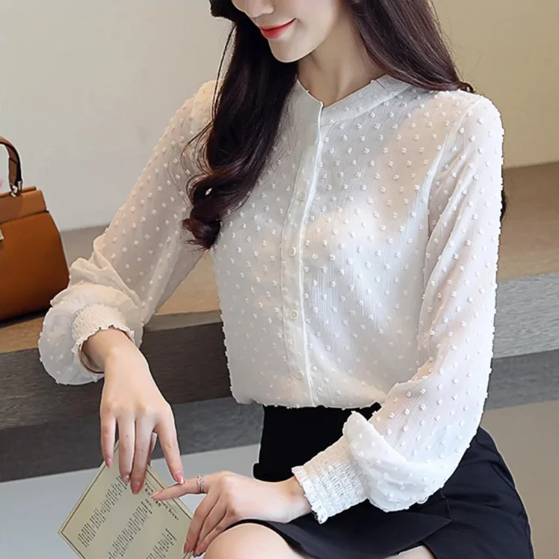 2024 Fashion Sweet  Wave Point Long Sleeve Women Shirt Autumn Casual White Blouses Office Lady Elegant Tops