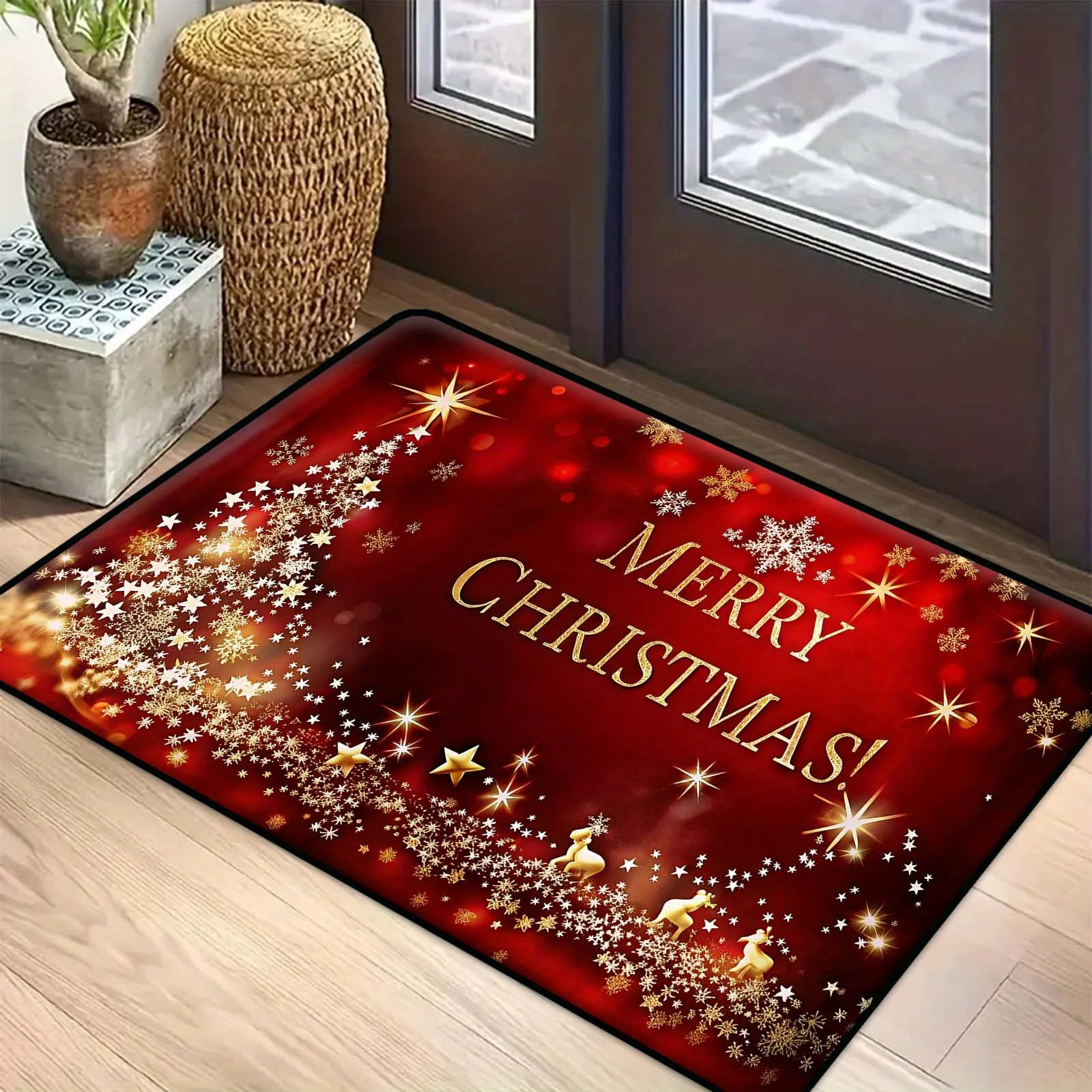 Purple Silver Christmas Bauble Pine Snowflake Print Non Slip Front Door Mat Winter Holiday Indoor Entryway Floor Decor Rug