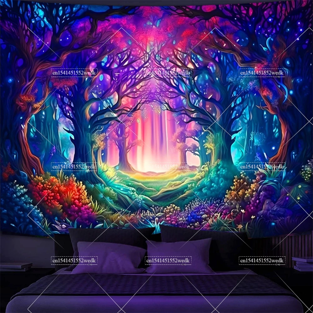 Fantasy Forest Blacklight Tapestry UV Reactive Neon Tree Black Light Tapestrys Glow In The Dark Wall Decor Party Backdrops