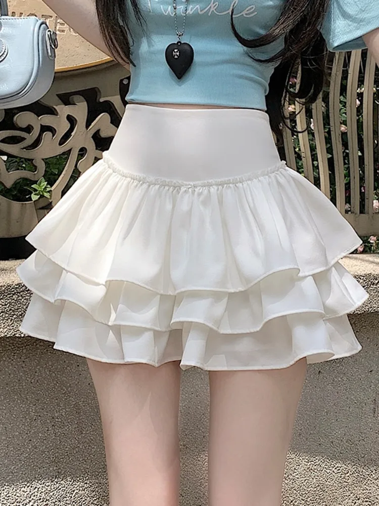 

Белая короткая юбка в балетном стиле с рюшами, женская, весна-лето, милая, с завышенной талией, утягивающая, А-силуэт, пышная, средней длины
