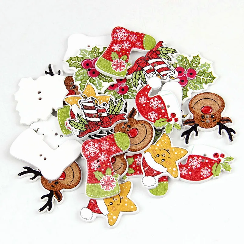 

50PCS/PACK Christmas Elk&Christmas Socks&Red Berry Shaped Double Hole Buttons for Handmade Clothing, Fabric Doll Sewing
