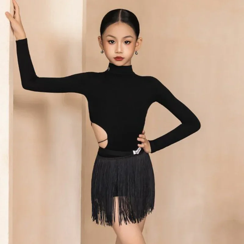 Neue rückenfreie Latin Dance Kleidung Mädchen lange Ärmel eng anliegende Tops Fransenrock Kinder Cha Cha Rumba Samba Performance Kostüm