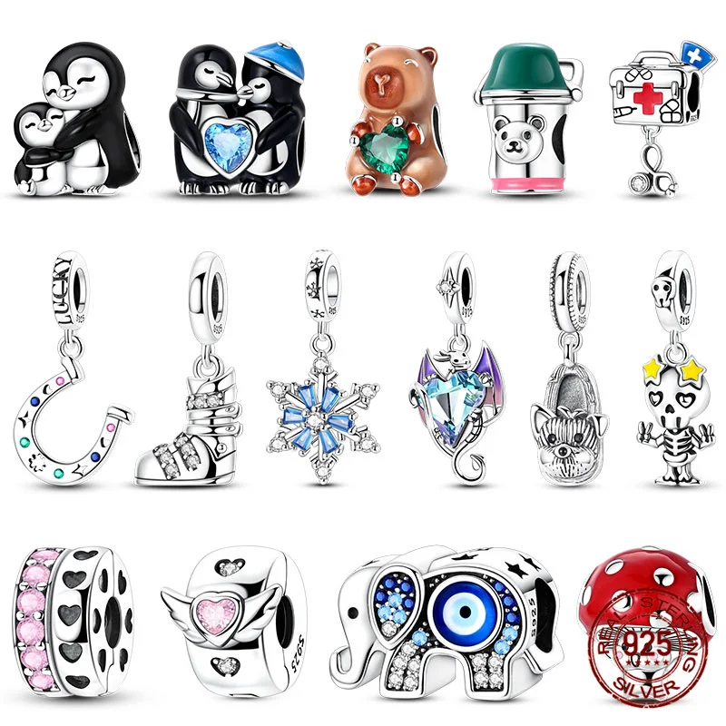 

100% 925 Original Sterling Silver Winter Series Penguin Beaded Angel Unicorn Charms Fit Bracelet DIY Jewelry Making Women's Gift