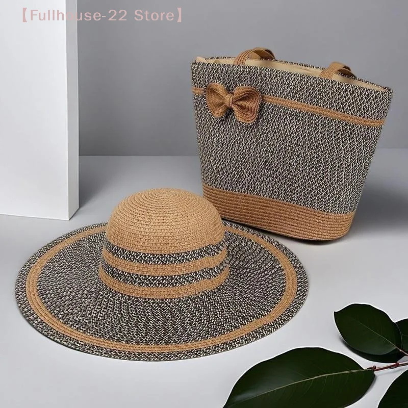 MAX-22French Style Straw Woven Handbag And Summer Beach Vacation Hat Set With Fine Stripes Soft Bucket Bag Chinese Style