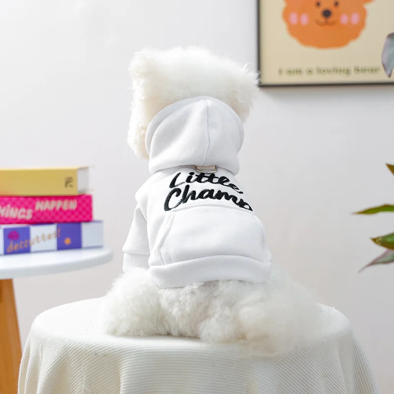 

Pet Dog Cat Hoodie White Embroidered "Little Champion" Autumn Winter Warm, Cute Small Puppy Comfortable Cozy Sweatshirt