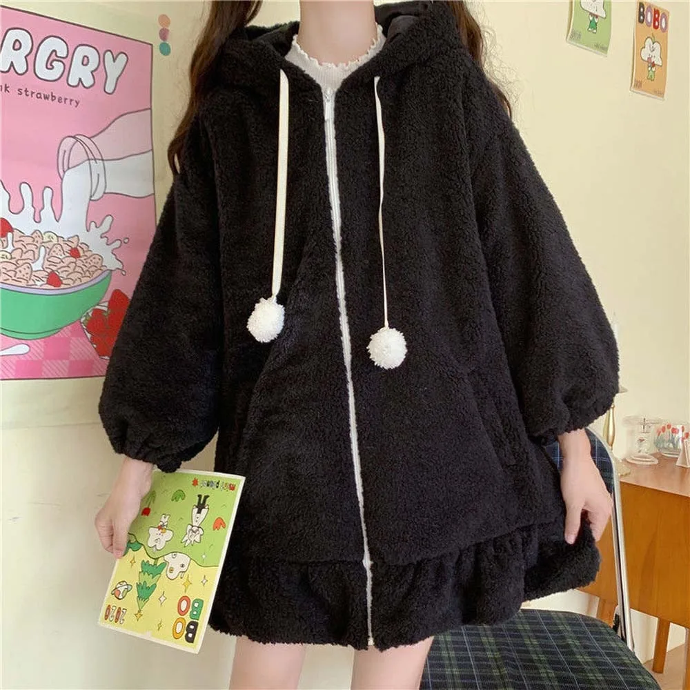 

Plush Rabbit Ears Hoodies Cartoon Pajamas Warm Coat Sweatshirts for Women Bunny Harajuku Lolita Hooded Cardigan