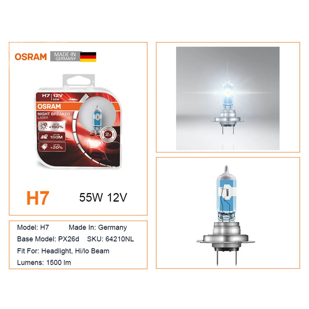 OSRAM Night Breaker Laser H7 64210NL PX26D Next Generation Headlight Car Bulbs 12V 55W 3700K Hi/lo Beam +150% Brightness (2PCS)