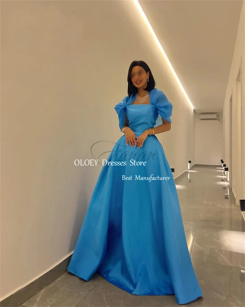 

OLOEY Elegant Blue A Line Evening Dresses Saudi Arabic Women Satin Puff Sleeves Prom Gowns FOrmal Paryt Occasion Dress Long