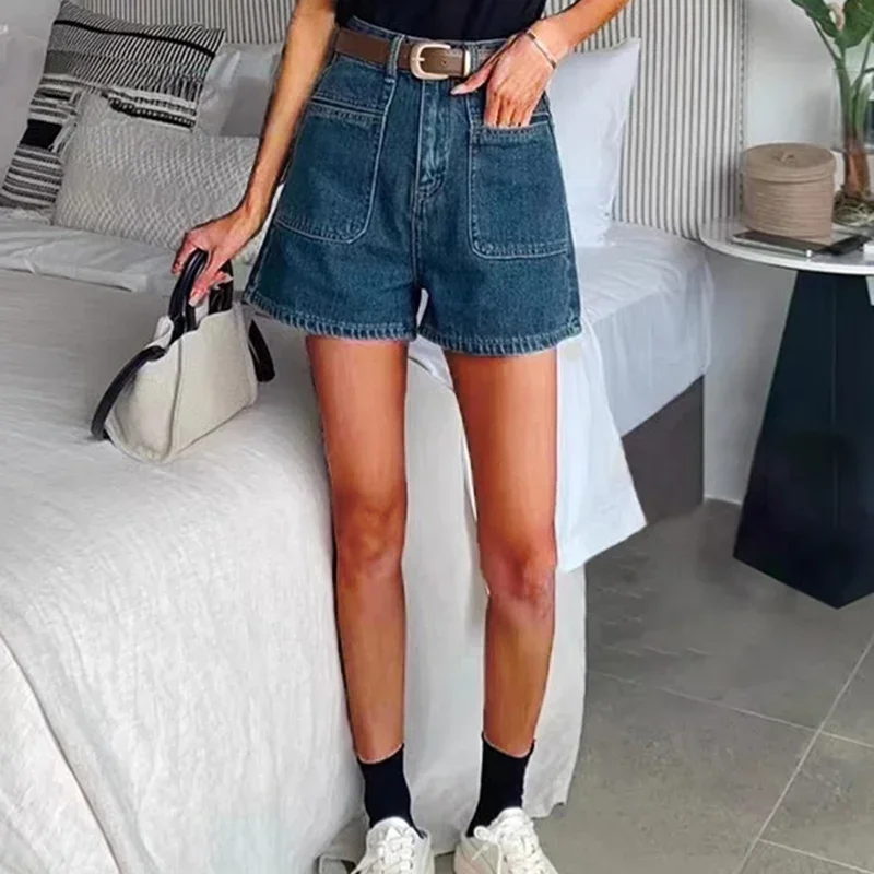 Woman High Waist Vintage Wide Leg Jeans Female Y2k 2000s Streetwear Pants Girls Fashion Retro Blue Light Blue Baggy Denim Shorts