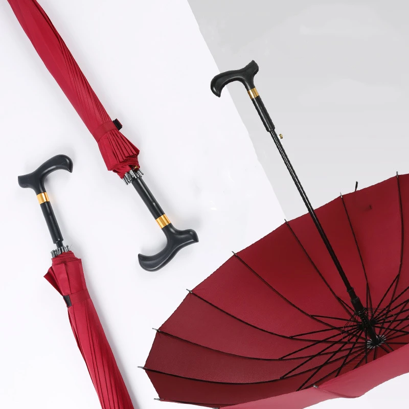 Multifunction Big Sun Red Umbrella Women Old Men Crutch Long Handle Umbrella Mountaineering Rain Umbrellas